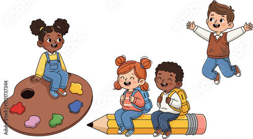 Happy diverse school children with giant art palette and pencil in kawaii cartoon style