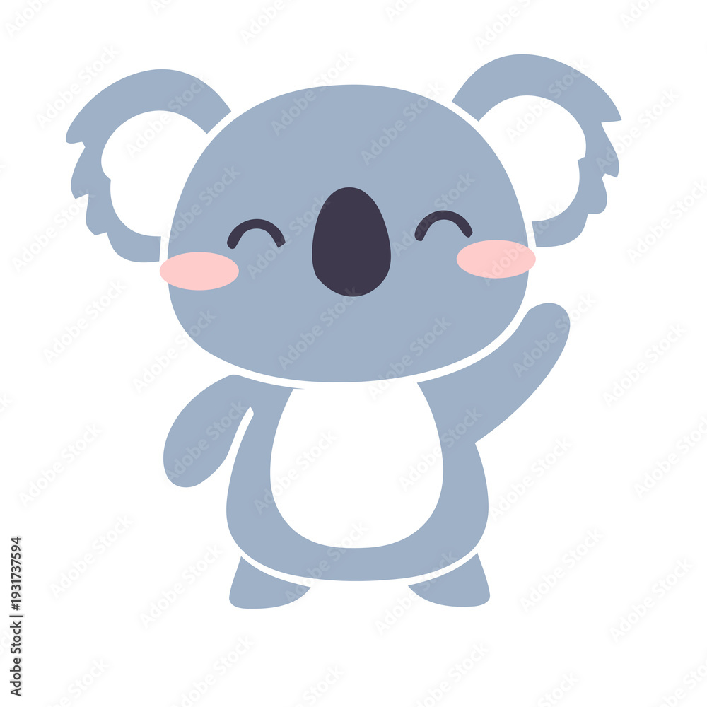 Naklejka premium A cute cartoon koala with a big black nose and pink cheeks, happily waving its hand in a friendly gesture.