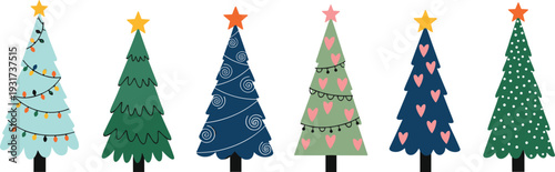 Set of decorated Christmas trees with stars hearts and lights in flat cartoon style