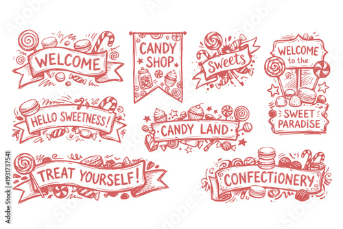 Candy Shop Welcome Banner Sweets Inviting Poster Candy Macaroon Candy Cane Lollipop Caramel Marmalade Confection