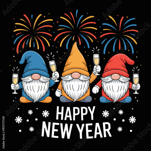 Three gnomes in colorful hats cheerfully hold glasses of champagne.