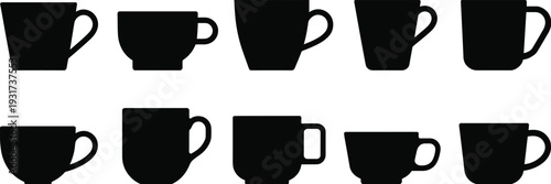 Black silhouette vector illustration of various cup and mug designs arranged in grid layout, showcasing diverse shapes, handles, and proportions for kitchenware