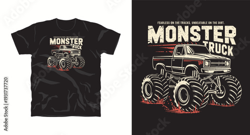 Monster truck logo with large tires and grunge texture for apparel design