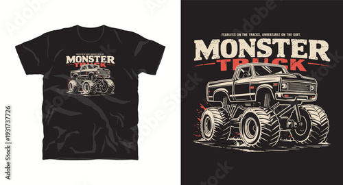 Monster truck logo with large tires and grunge texture for apparel design