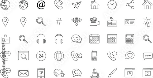 Communication and Web Contact Thin Line Icons Set with Phone Email Location Calendar Social Media and Multimedia Symbols Vector Collection