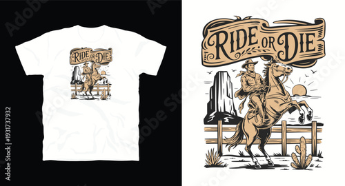 Ride or die western cowboy t-shirt design with horse rearing up in desert landscape