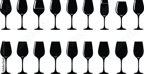 Black silhouette vector illustration of wine glasses in various shapes and styles, elegant drinkware icons for bar, restaurant, and beverage design
