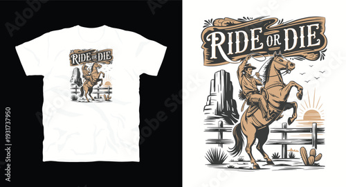 Ride or die vintage western cowboy t-shirt design featuring horse rider and lasso