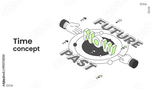 Embracing the Present, Hands Interact with Past, Now, and Future in a Conceptual Isometric Illustration