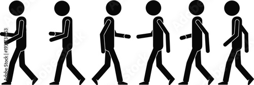 Sequence of six stick figure walking cycle illustrations showing human gait stages, symbolizing biomechanics, animation, motion study, and instructional design for movement analysis