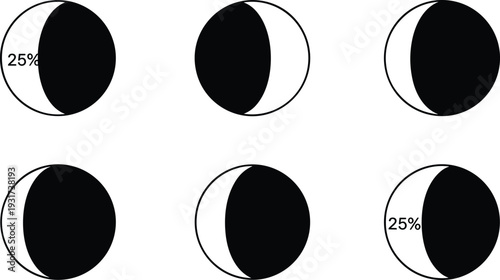Black silhouette vector illustration set of moon phases with illuminated sections, lunar cycle diagram, astronomy design, celestial night sky educational collection