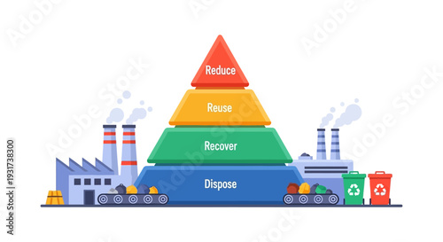 Waste Management Hierarchy Pyramid: Reduce, Reuse, Recover, Dispose Stages with Factories and Recycling Bins Illustration