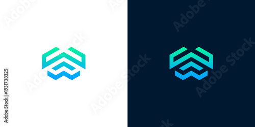 Modern abstract hexagon logo design with gradient blue and green colors on white and dark backgrounds
