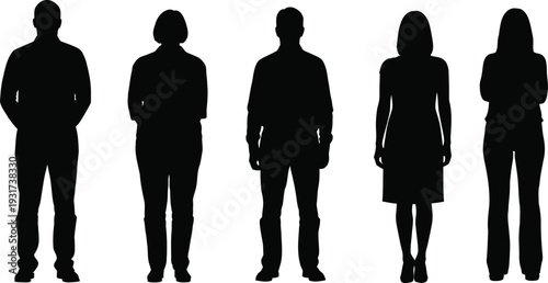 Five human silhouettes standing in a row