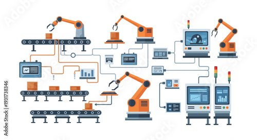 Industrial Automation & Robotics: Smart Factory Production Line with Automated Assembly, Control Panels, and Data Flow for Modern Manufacturing