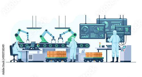 Smart Factory Automation: Robotic Arms, Conveyor Belt & Technicians Monitoring Data in Modern Manufacturing. Industry 4.0 Production Line Illustration.
