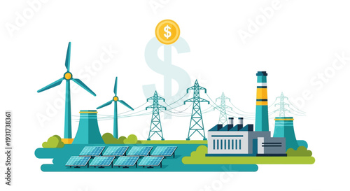 Energy Sources Mix: Renewable Solar & Wind Power with Fossil Fuels, Grid, and Economic Cost Illustration