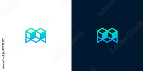 Modern abstract geometric logo featuring interconnected cubic forms, vibrant blue-green gradient, symbolizing connectivity, data, and innovation for progressive brands