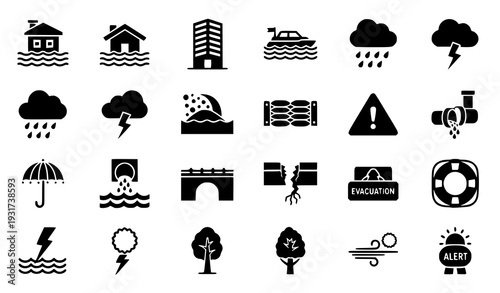 Black Silhouette Flood and Weather Disaster Icon Set