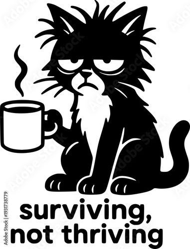 Cute black and white cat meme vector.