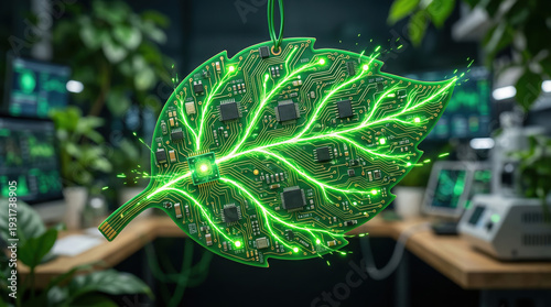 Green circuit leaf glowing with virtual power plant style energy veins illuminating sustainable electronics lab scene with microchips and green