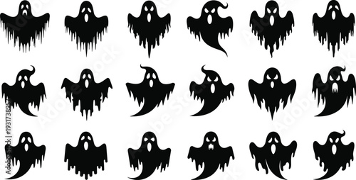 Black silhouette vector illustration set of spooky ghost characters with varied shapes, Halloween spirits, scary faces, decorative haunting design collection