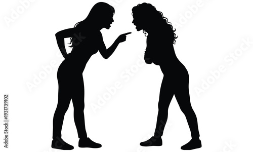 Two Angry Women Facing Each Other Argument Silhouette Vector — Female Fight Confrontation Black Isolated Clipart