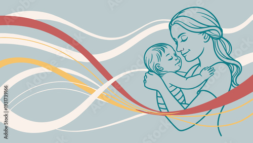 Mother holding sleeping baby with abstract flowing lines vector