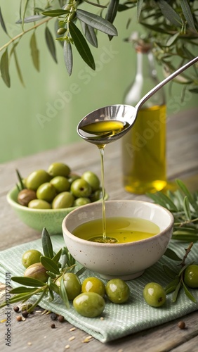 Freshly poured extra virgin olive oil over olives and bowl of olives