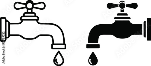 Black and white faucet icons with water droplets