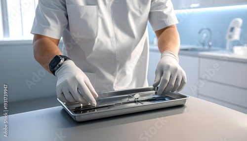 Close up of a dentist in white uniform and gloves organizing professional medical tools on a sterile metal tray in clinic room