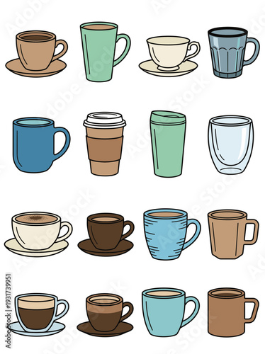 Professional collection of coffee cups mugs and glasses in different shapes and colors, beverage drinkware set for cafe restaurant and home kitchen use