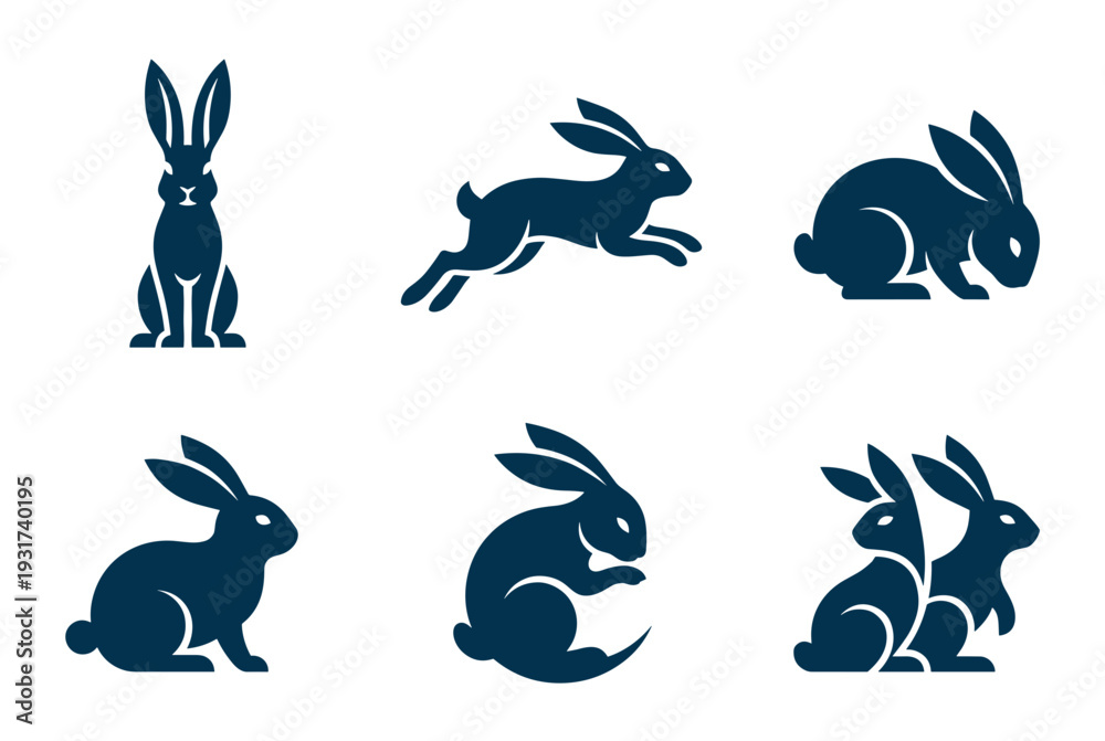 Naklejka premium Minimalist blue rabbit silhouettes in various poses including sitting, jumping, and running for pet shops, spring season, or animal welfare branding