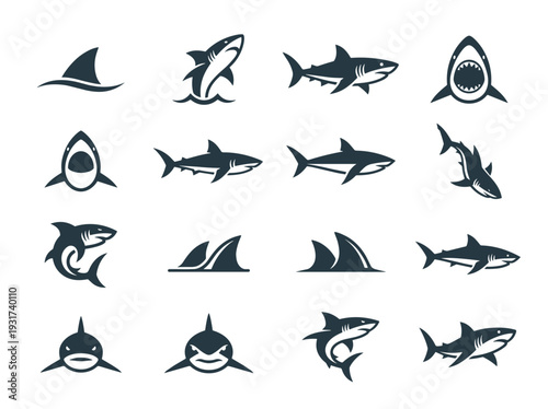 Set of shark silhouettes in various perspectives including swimming dorsal fin view and aggressive postures for marine life and aquatic adventure design