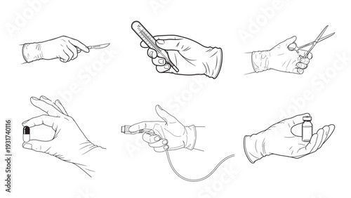 Hand Gesture Demonstration Set, Vector Line Art Showing Multiple Hand Positions for Instructional and Training Use