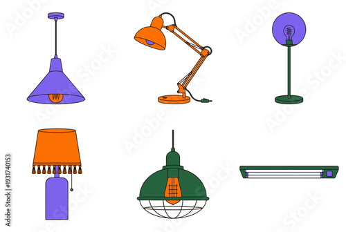 Set of modern and vintage lamps icons including pendant lights, desk lamps, floor lamps, and fluorescent tubes for interior design and lighting concepts