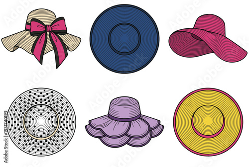 Elegant wide brim straw hats and summer sun hats for women with ribbons and decorative patterns ideal for beach vacation and fashion design concepts