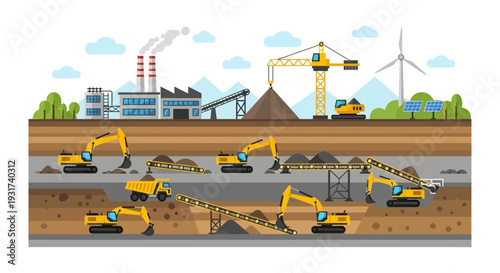 Industrial Mining and Resource Extraction with Factories, Heavy Machinery, and Green Energy Transition Flat Illustration