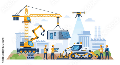 Future of Construction: Automated Site with Crane, Drone, Robotics, Engineers & Sustainable Modular Building.
