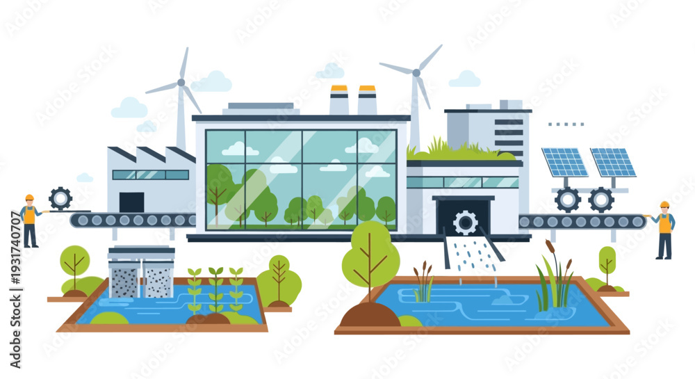 Obraz premium Sustainable Green Factory Concept: Eco-Friendly Manufacturing with Renewable Energy & Water Treatment System