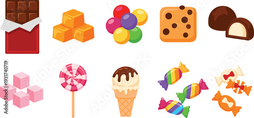Sweet Candy and Chocolate Dessert Vector Set with Lollipop Ice Cream Jelly Toffee Cookies and Sugar Cubes Colorful Collection.