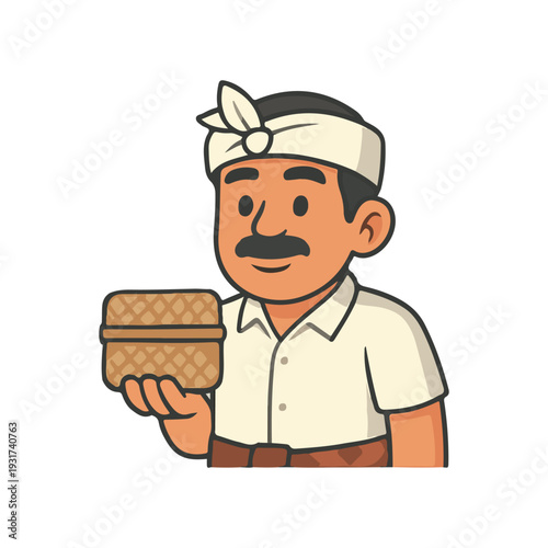 Balinese man holding traditional woven offering box. Traditional Indonesian man wearing white udeng and white shirt