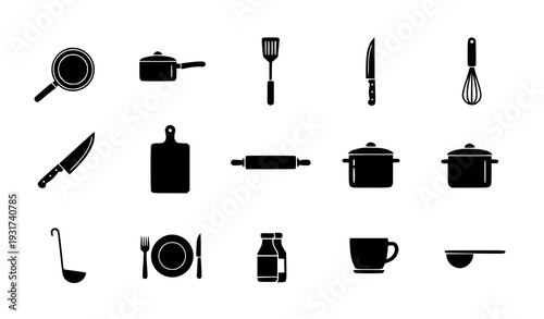 Dark Gray Silhouette Kitchen Utensils and Cooking Tools Icon Set