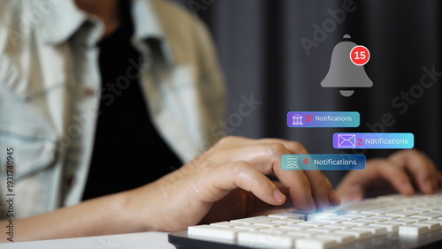  woman typing on keyboard with social media notification icons, digital communication alerts, email message, online banking updates and customer engagement in modern business technology concept.