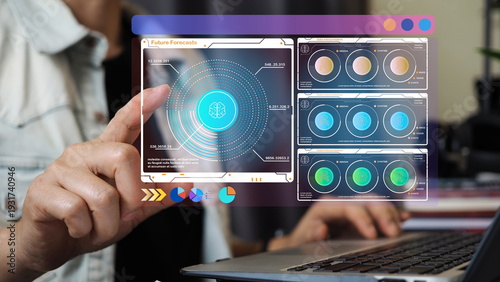 Business professional interacting with future forecast analytics dashboard featuring predictive data modeling, AI insights, performance metrics and financial visualization for strategic planning 