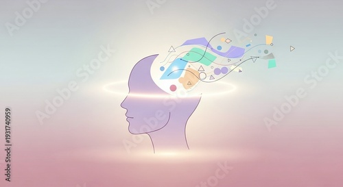 Creative thoughts and ideas flowing from a person’s mind with colorful shapes and lines.