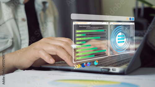 Business professional analyzing data interpretation dashboard on laptop with performance metrics, financial charts indicators, business intelligence reporting  digital strategy optimization concept.