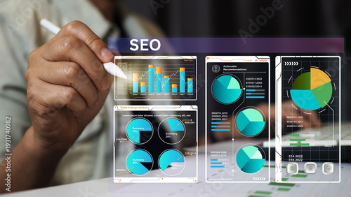 SEO specialist analyzing search engine optimization dashboard with performance charts, data analytics and keyword ranking metrics, digital marketing strategy 