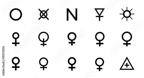 abstract grid of female gender symbols alongside various scientific astrological and alchemy icons for conceptual design