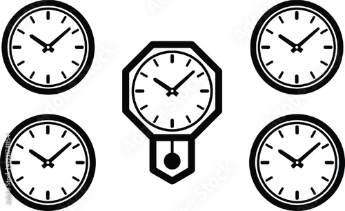 Set of Minimalist Clock Icons, Round and Octagonal Wall Clocks with Pendulum, Black and White Vector Illustration for Time Management Design